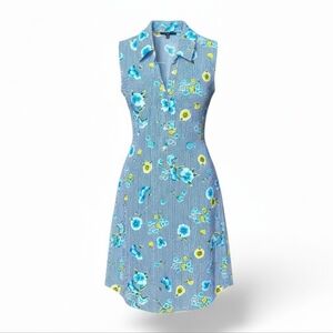 Tecara XL Blue Floral Striped Sleeveless Cotton Midi Shirt Dress Summer Casual